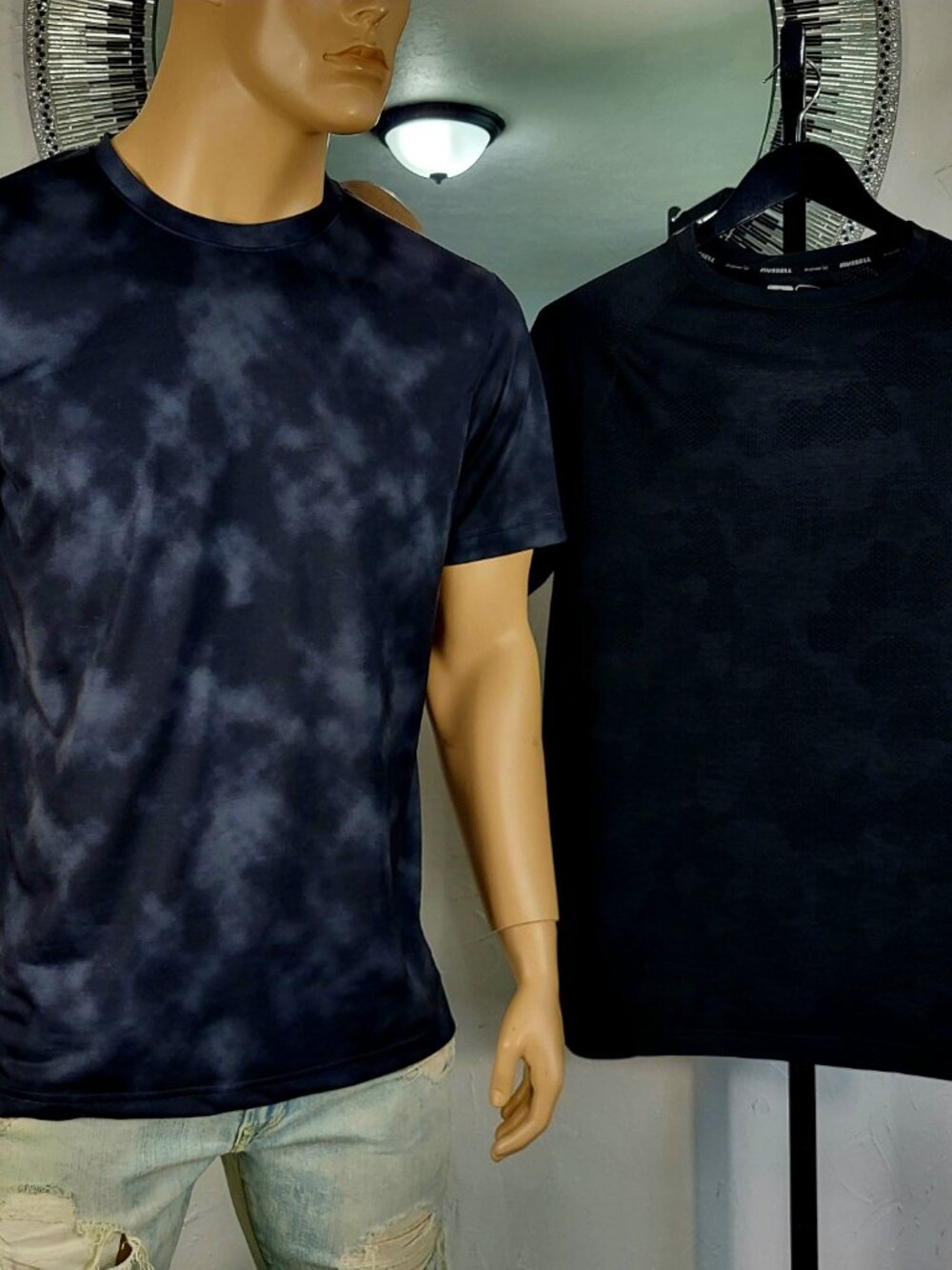 NWT~RUSSELL~SZ M~LOT OF 2~BLACK TRAINING FIT DRI-POWER T-SHIRT CAMO TIE DYE
